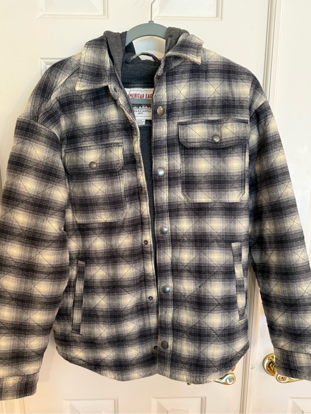 American Eagle Outfitters Charcoal & Cream Plaid Hooded Shirt Jacket